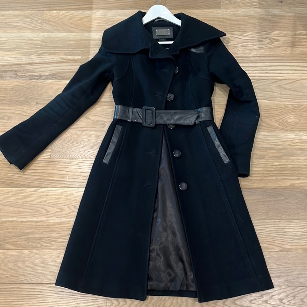 Mackage black wool coat with leather belt + leather trim size XS